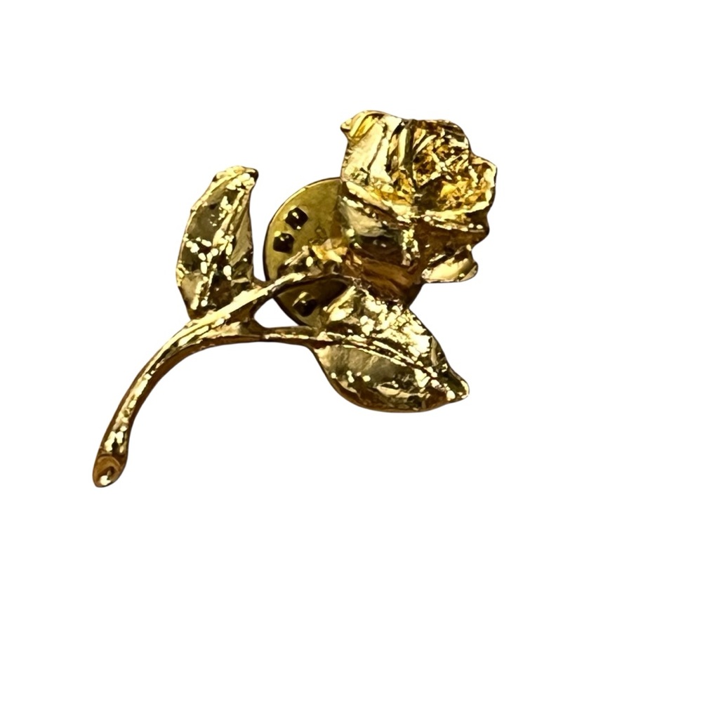 Rose Pin Gold Tone Metal USA Made Floral Cottagecore Rose Stem 1.5” Long Lapel
